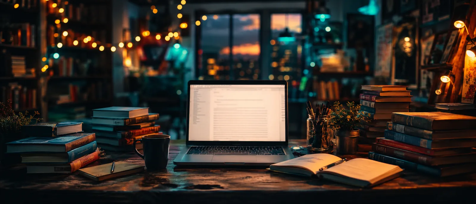 A writer's desk at dusk with a laptop drafting a novel manuscript, a coffee mug, an open notebook and stacks of books, representing the full AI novel-writing workflow handled in one place