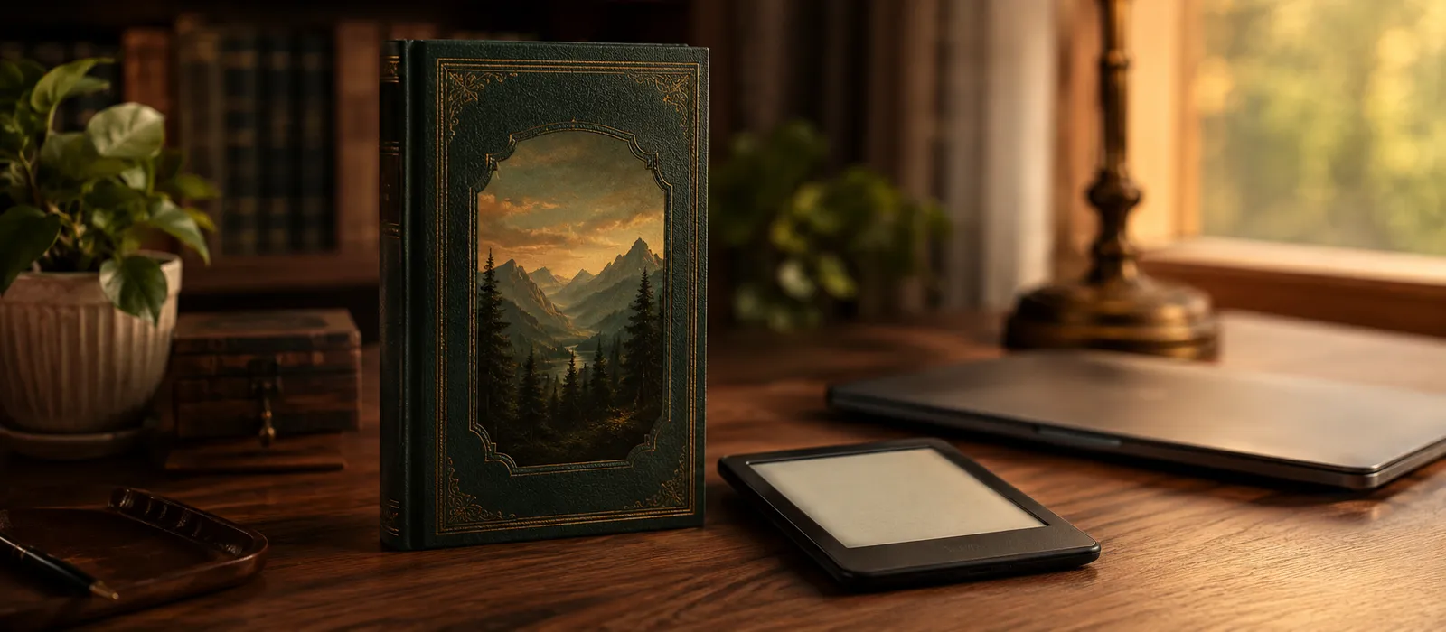 A finished green leather-bound novel standing on a warm walnut desk beside an e-reader, with a closed laptop softly out of focus behind it, representing a manuscript taken all the way to a published, sellable book in one tool