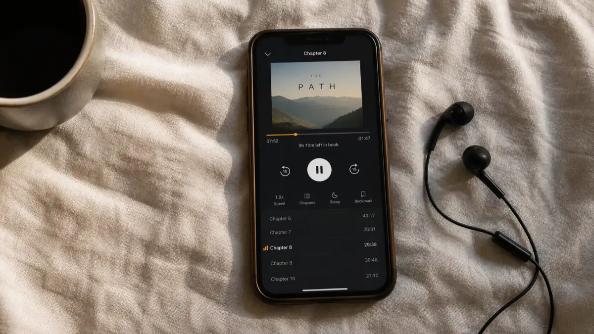 Smartphone on a linen sheet showing a generic audiobook player with a chapter list, earbuds curling beside it, partial coffee mug at the corner.