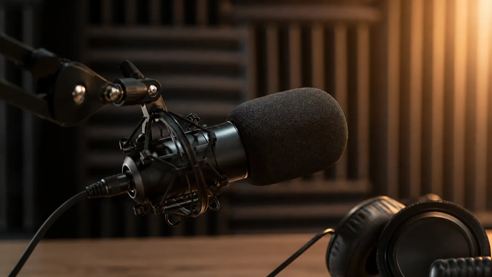 Close-up of a black condenser microphone with foam pop filter on a desktop boom arm, headphones beside it, acoustic foam wall in the background.