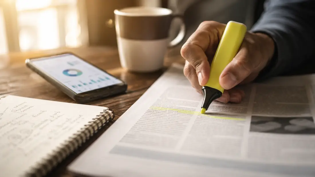 A close-up of a hand holding a yellow highlighter, marking a printed article on a wooden desk, with a smartphone showing a soft-focused analytics chart and a notebook with handwritten notes nearby