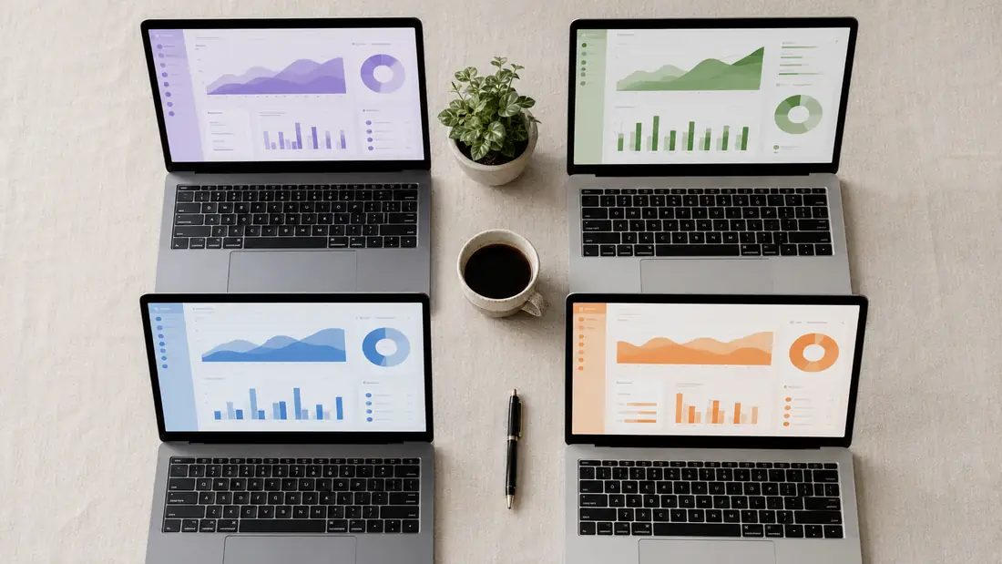 Overhead flat-lay of four laptops on a linen surface, each showing a different dashboard, with a coffee cup and plant in the centre
