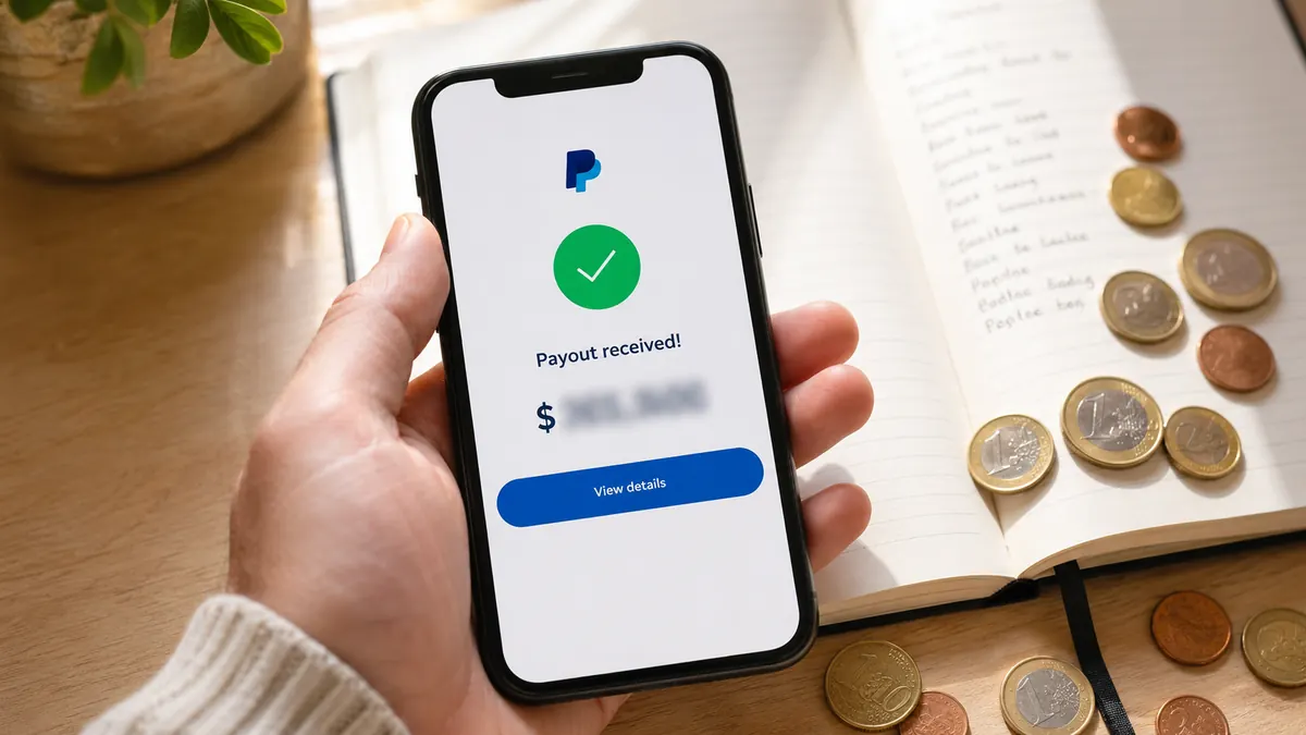 Hand holding a phone showing a PayPal payout received notification, with coins and an open notebook on a wooden surface