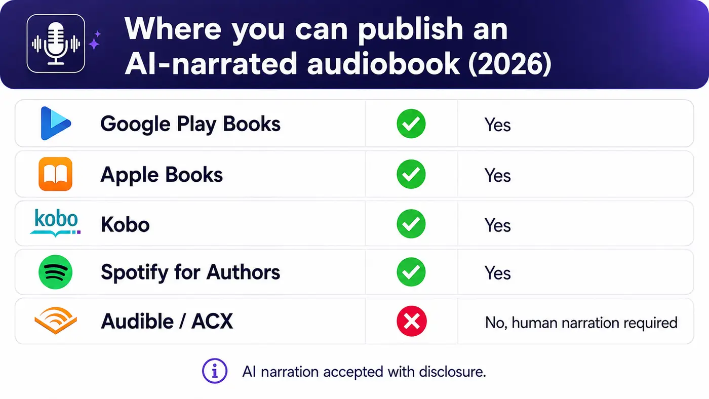 Comparison chart: where you can publish an AI-narrated audiobook in 2026. Google Play Books yes, Apple Books yes, Kobo yes, Spotify for Authors yes, Audible ACX no, human narration required. AI narration accepted with disclosure.