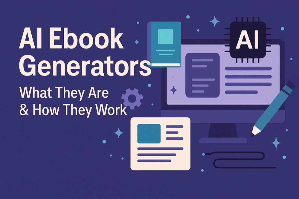 AI ebook generator workflow showing AI chip, digital book, and editing interface