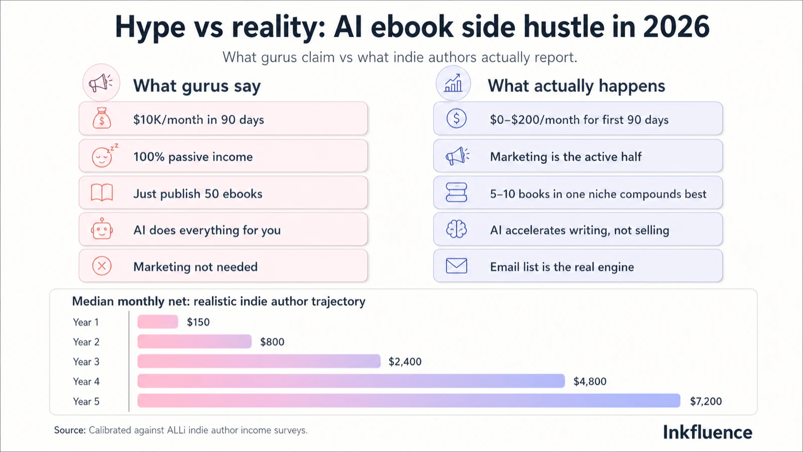 Infographic comparing what gurus claim about AI ebook side hustles ($10K/month in 90 days, 100% passive, just publish 50 ebooks, AI does everything, marketing not needed) against what indie authors actually report ($0-$200/month for first 90 days, marketing is the active half, 5-10 books in one niche compounds best, AI accelerates writing not selling, email list is the real engine), with a horizontal bar chart showing median monthly net trajectory: Year 1 $150, Year 2 $800, Year 3 $2,400, Year 4 $4,800, Year 5 $7,200.