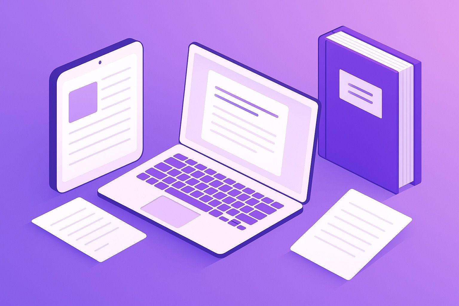 Purple isometric illustration showing laptop, tablet, ebook, and documents representing unified AI content creation workflow