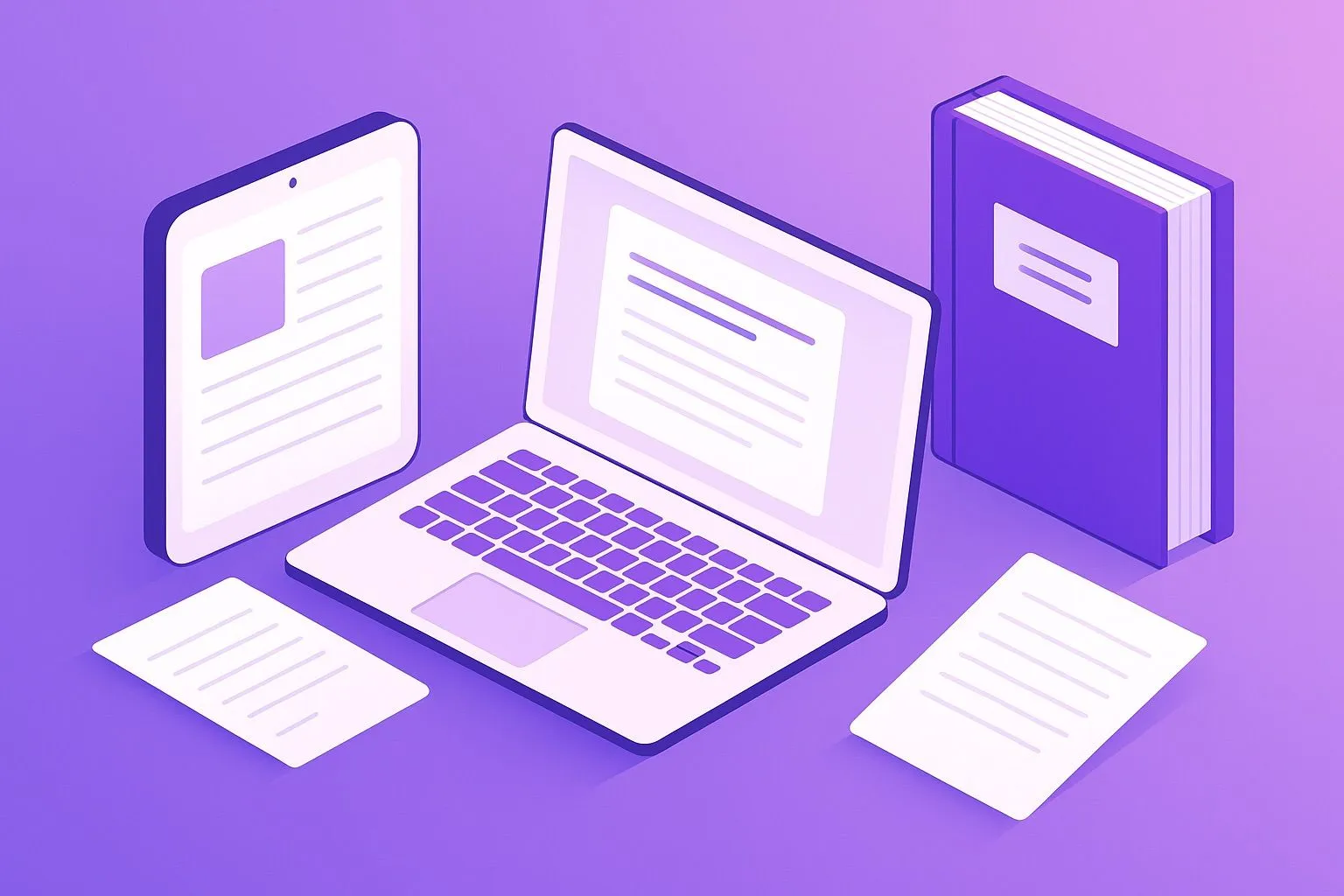 Purple isometric illustration showing laptop, tablet, ebook, and documents representing unified AI content creation workflow