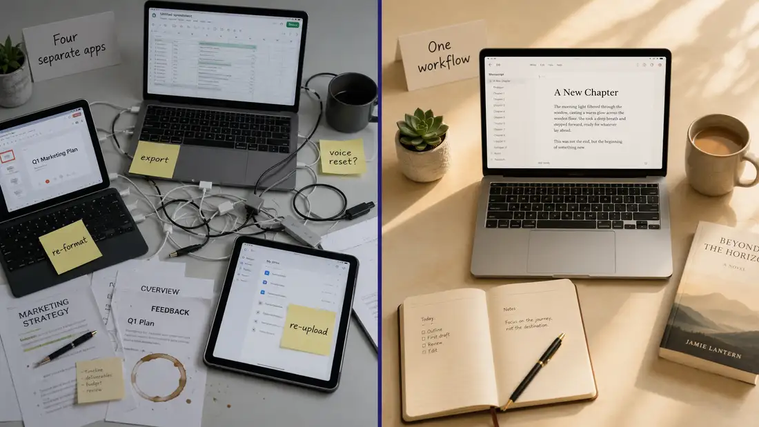A split comparison: on the left, four separate apps across cluttered laptops and a tablet with tangled cables and sticky notes reading export, re-format, re-upload, and voice reset; on the right, one calm workflow on a single laptop showing a clean writing interface with a chapter list, a finished novel beside it, illustrating that stitching separate AI tools together is messier than using one all-in-one workflow.