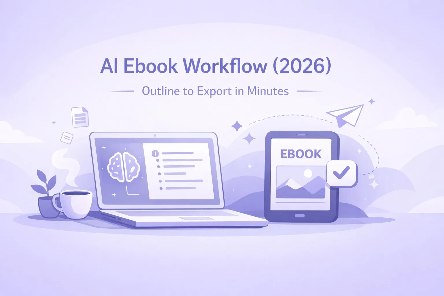 AI ebook workflow illustration showing outline to export in minutes