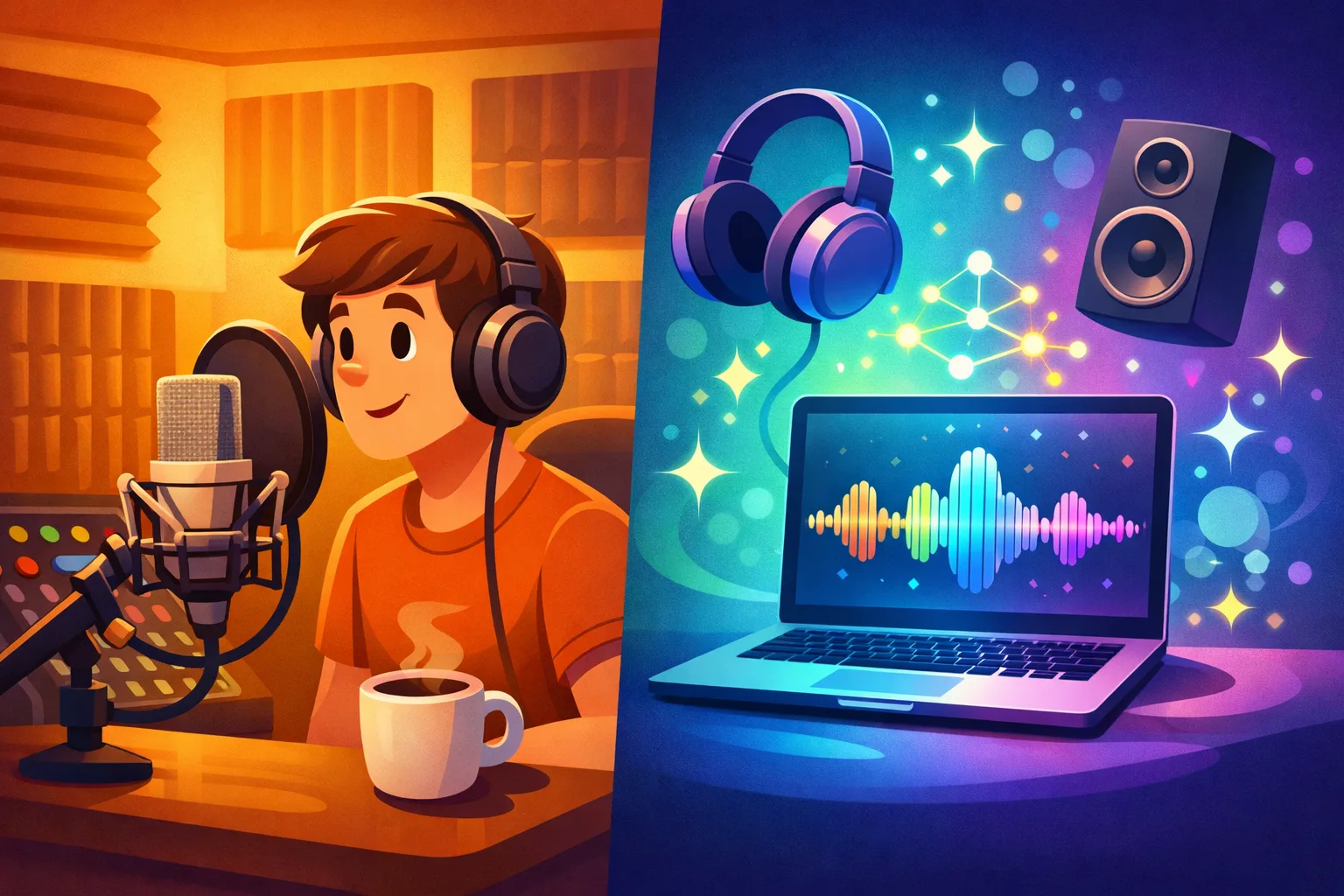 Split comparison showing AI waveform on one side and human narrator in recording studio on the other with quality metrics between them