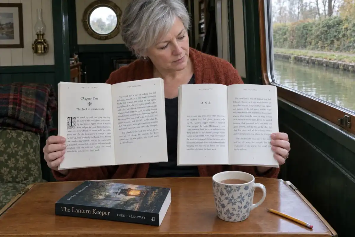 A woman in a narrowboat cabin holds two paperback copies of The Lantern Keeper by Ines Calloway open at Chapter One, one set with an ornamental drop cap and one in a clean modern style, comparing the two interior designs