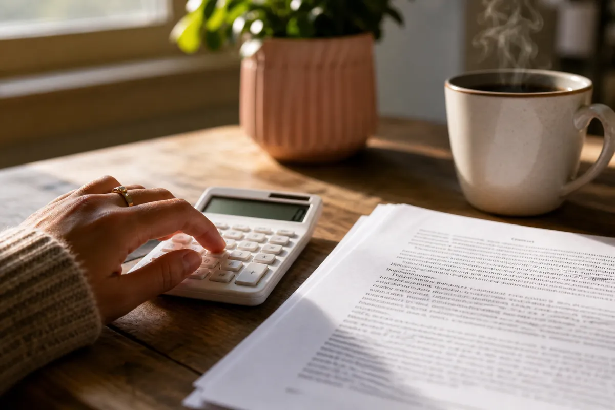 Close-up of a writer's hand resting on a small calculator next to a printed manuscript page, with a coffee mug and a soft plant in the background, lit by warm afternoon light.