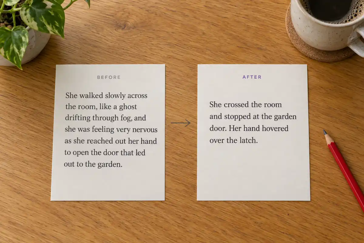 Two cards on a desk. Before: She walked slowly across the room, like a ghost drifting through fog, and she was feeling very nervous as she reached out her hand to open the door that led out to the garden. After: She crossed the room and stopped at the garden door. Her hand hovered over the latch.