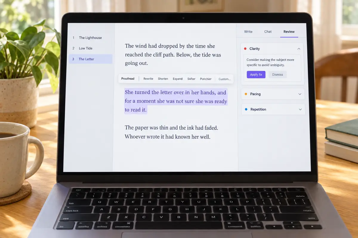 A laptop showing a book editor with chapters The Lighthouse, Low Tide and The Letter, a highlighted sentence with a floating toolbar reading Proofread, Rewrite, Shorten, Expand, Softer, Punchier, Custom, and a Review panel with Clarity, Pacing and Repetition findings and Apply fix and Dismiss buttons