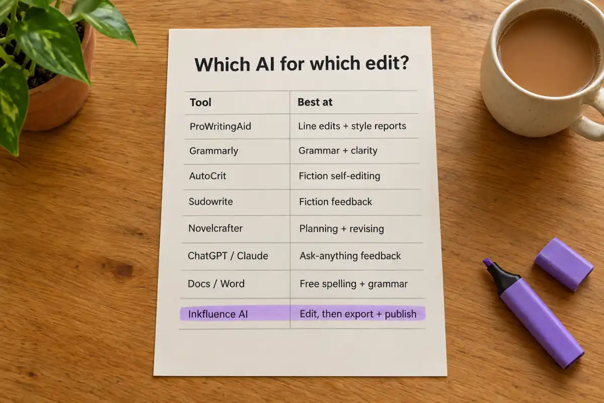 A printed sheet titled Which AI for which edit? listing ProWritingAid: line edits + style reports; Grammarly: grammar + clarity; AutoCrit: fiction self-editing; Sudowrite: fiction feedback; Novelcrafter: planning + revising; ChatGPT / Claude: ask-anything feedback; Docs / Word: free spelling + grammar; Inkfluence AI: edit, then export + publish