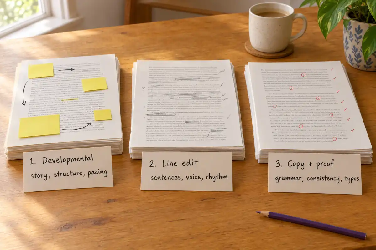 Three stacks of manuscript pages on a wooden desk with handwritten cards: 1. Developmental, story, structure, pacing; 2. Line edit, sentences, voice, rhythm; 3. Copy + proof, grammar, consistency, typos