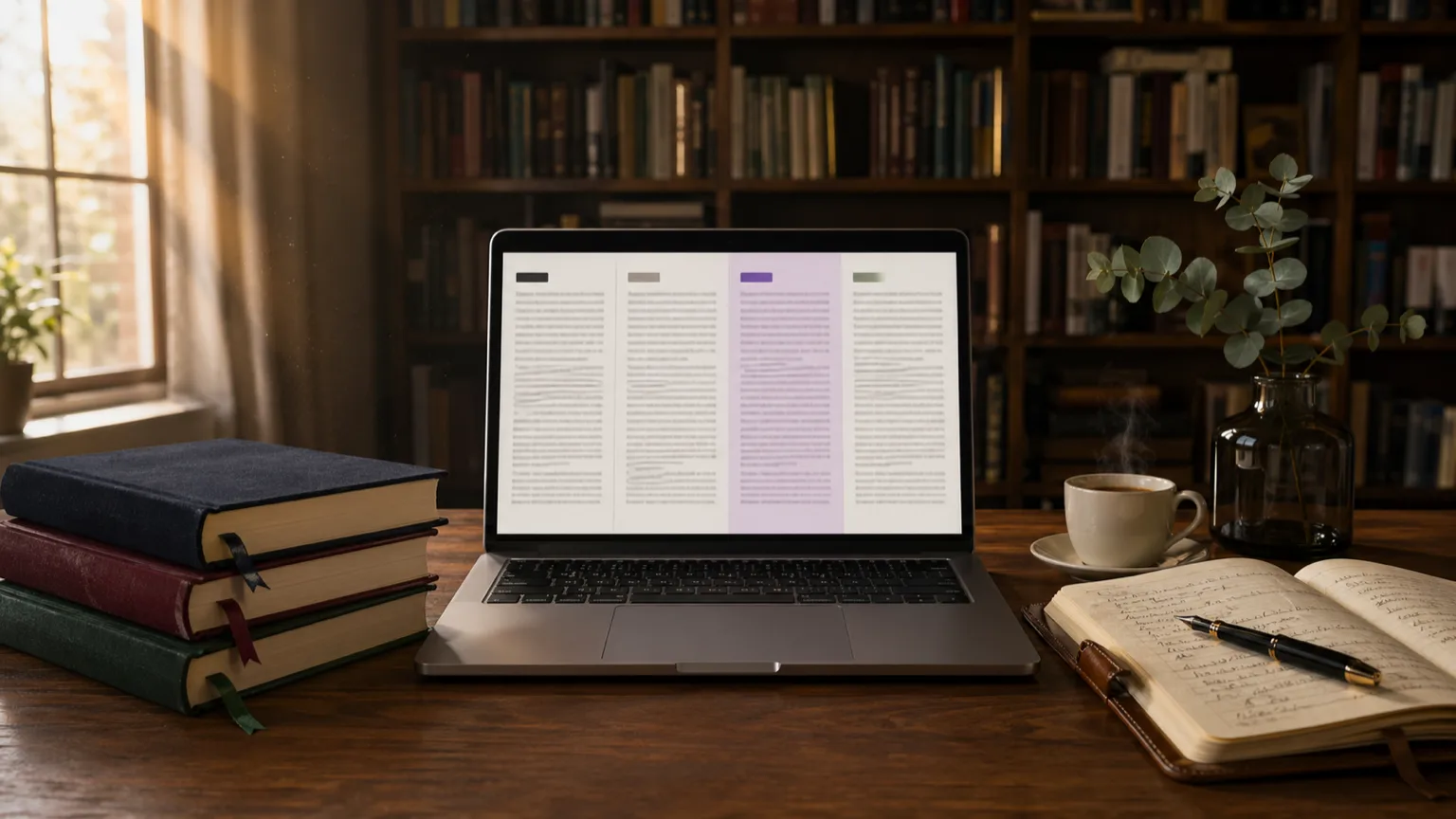 Editorial workspace photo with a laptop showing a four-column AI model comparison interface for novel writing, surrounded by manuscripts and a notebook