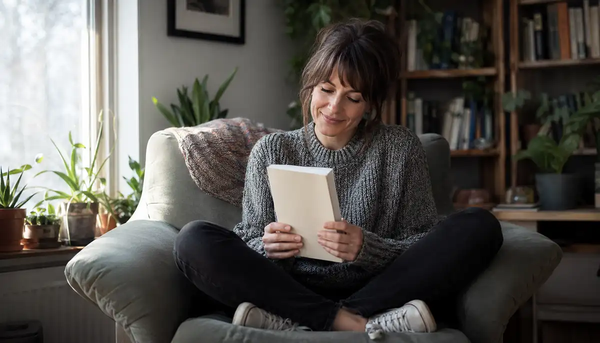 A woman in her 30s sits cross-legged on a soft grey armchair in a knit sweater and dark jeans, holding a freshly printed paperback novel with a plain cream cover, gazing down at it with a quiet smile, bookshelves and trailing plants visible in the warm afternoon light behind her.