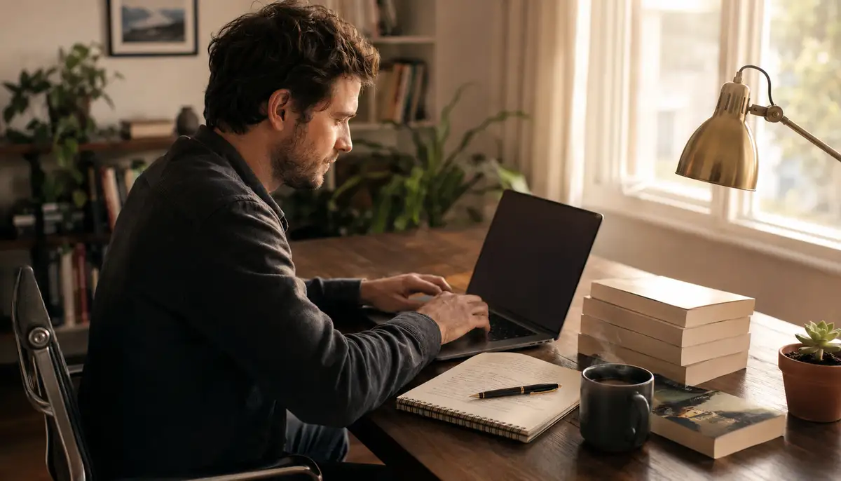 A novelist in his 30s sits at a wooden home office desk in warm afternoon light, typing on a sleek laptop with a stack of unmarked paperback novels beside it, a steaming mug of black coffee, an open spiral notebook with handwritten plot notes, a brass desk lamp, and a small succulent on the corner of the desk.