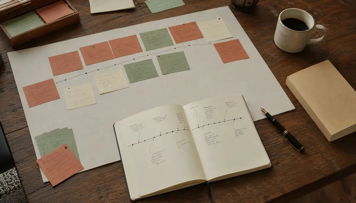 Top-down view of a novelist's story-planning desk: a large blank-grid plot board on warm wood covered in terracotta, sage, and cream index cards arranged in a story-arc shape, an open Moleskine notebook with a hand-drawn timeline, a coffee mug, a fountain pen, and an unmarked paperback novel for reference.