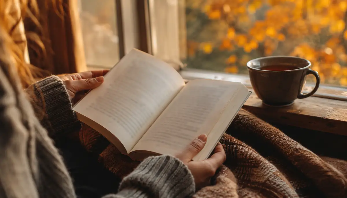 A reader sits on a window seat in a knit sweater under a wool blanket, holding an open paperback novel with hands visible, a stoneware mug of tea on the wooden window ledge beside her, autumn leaves blurred through the window in golden hour light.