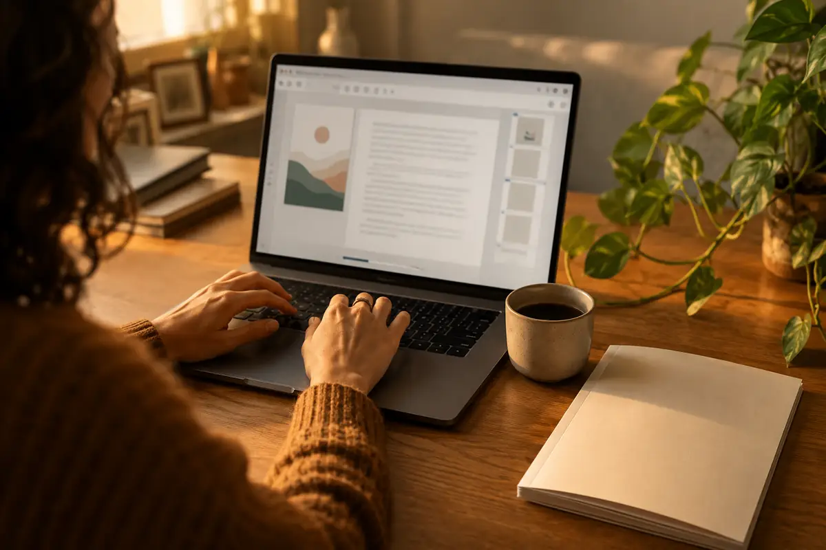 A creator at a warm wooden desk types a short prompt into a laptop while the screen shows a freshly generated multi-page document with an abstract cover thumbnail and page previews, beside a blank printed booklet, a stoneware mug, and a trailing pothos plant in soft golden light.