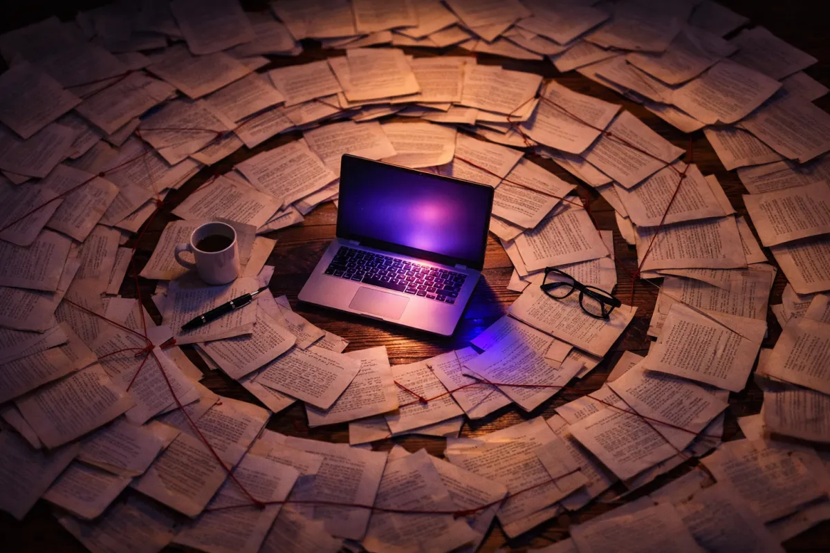 Manuscript pages spiraling around a glowing laptop representing AI-assisted long novel writing