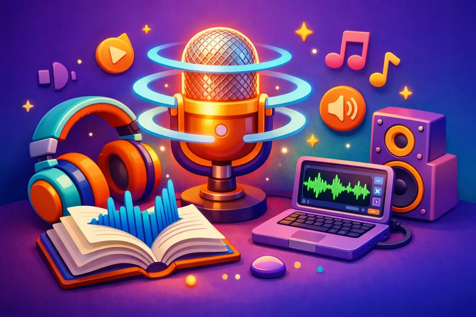 Comparison of AI voice generators for audiobook narration showing sound waves and a microphone