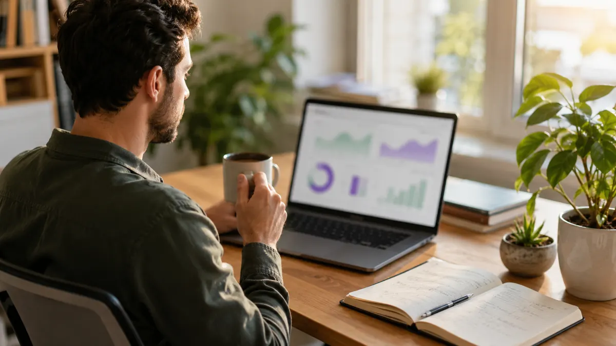 Creator at a sunlit home office desk reviewing earnings analytics on a laptop, holding a coffee mug