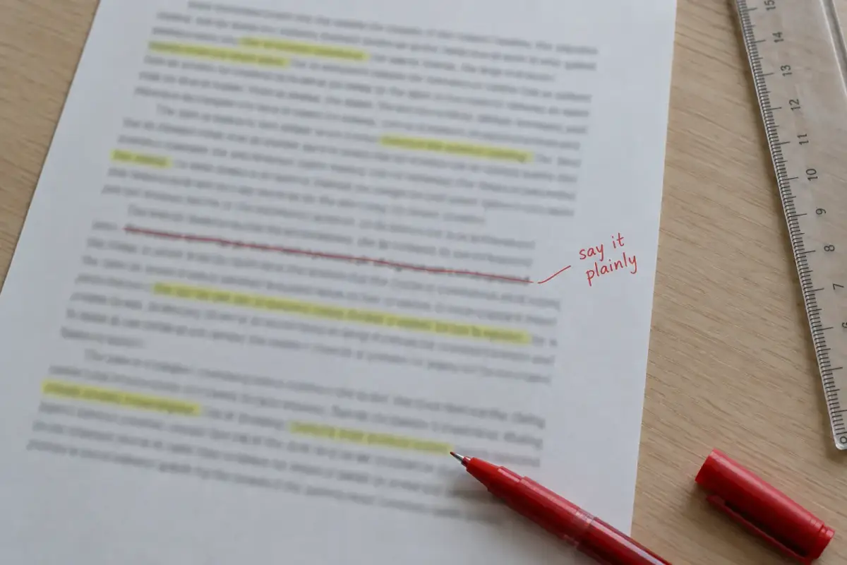A printed page of prose with several phrases marked in yellow highlighter and one sentence struck through in red pen, with the margin note say it plainly, a red pen and a clear ruler beside it