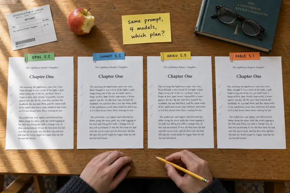 Overhead view of four printed versions of the same opening page, The Lighthouse Keeper's Daughter, tabbed Opus 5.5, Sonnet 5.5, Haiku 5.5 and Fable 5.1 on a library table, under a sticky note reading same prompt, 4 models, which plan?