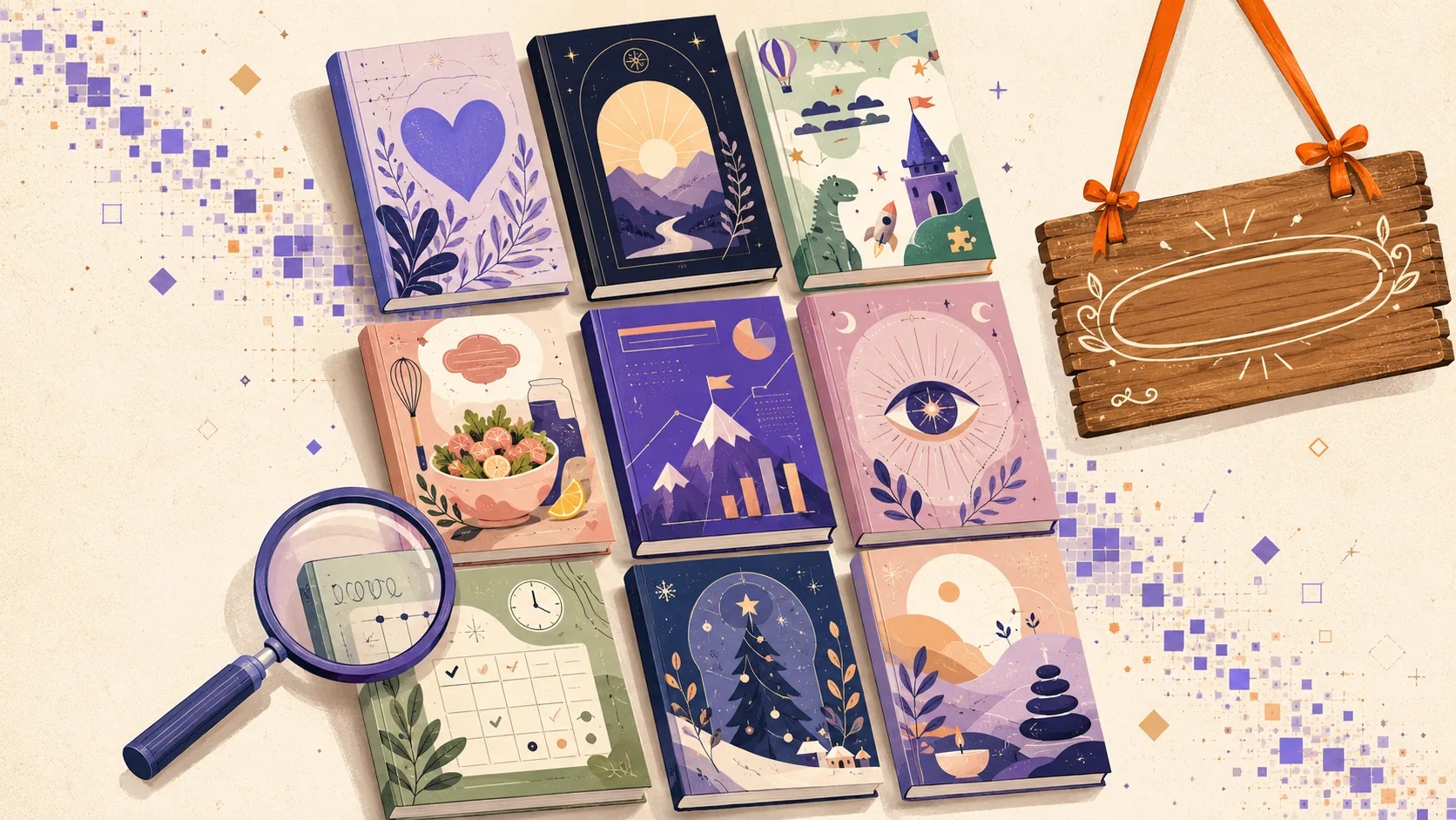 Editorial illustration of nine ebook covers arranged in a marketplace grid representing different ebook niches that sell on Etsy