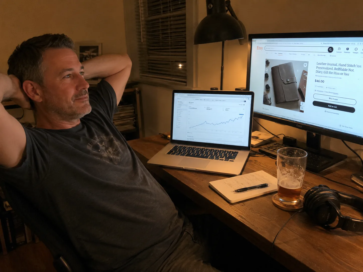 Seller at a desk reviewing an Etsy seller stats page with a sales trend chart, satisfied expression, warm evening light