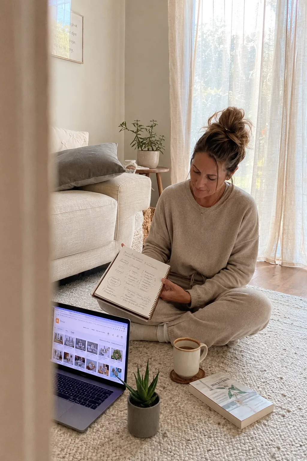 Seller on a beige rug researching ebook niches on her laptop with a handwritten notebook of ideas in her lap