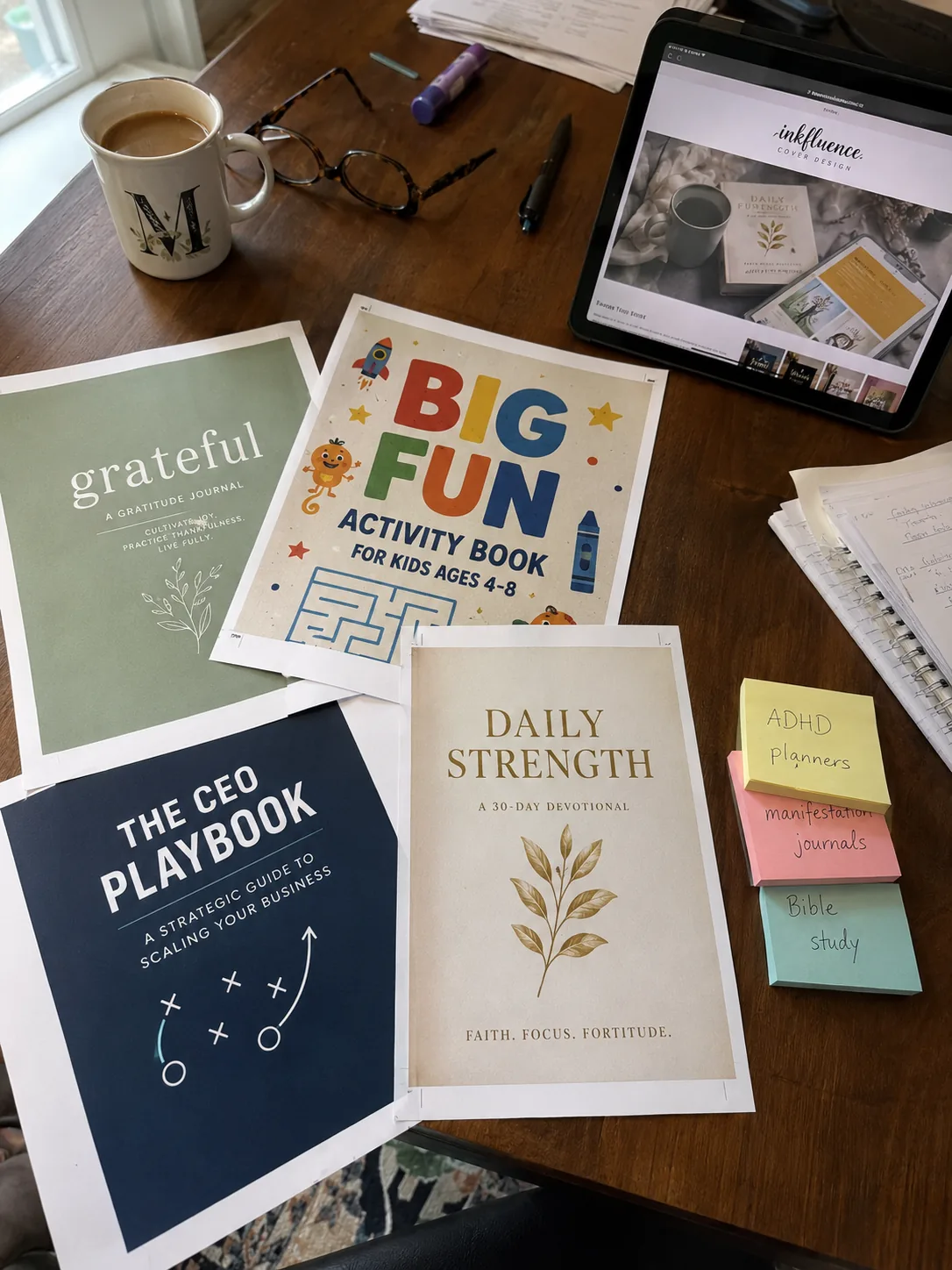 Flat-lay of multiple ebook cover proofs in different niches arranged on a wooden desk with a tablet showing the Inkfluence cover designer