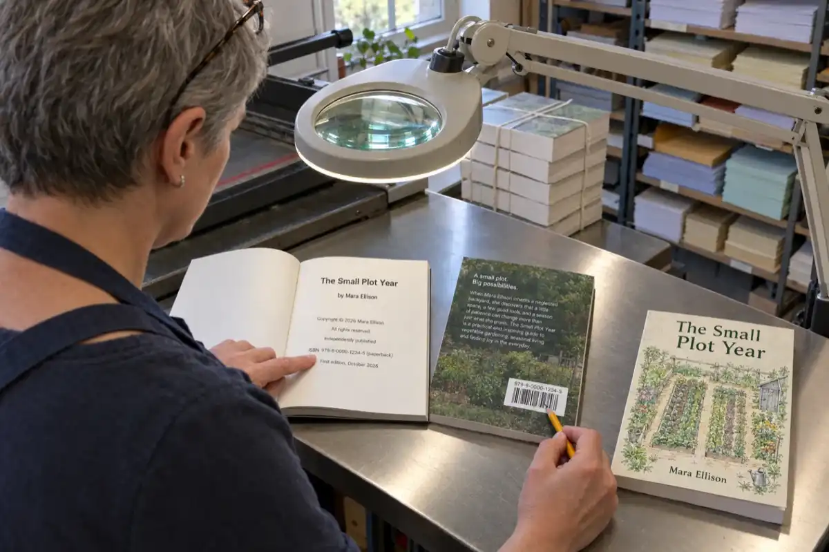 At a print shop quality-check bench under a magnifier lamp, a technician checks the ISBN on the copyright page of The Small Plot Year by Mara Ellison against the barcode on the back cover of a second copy