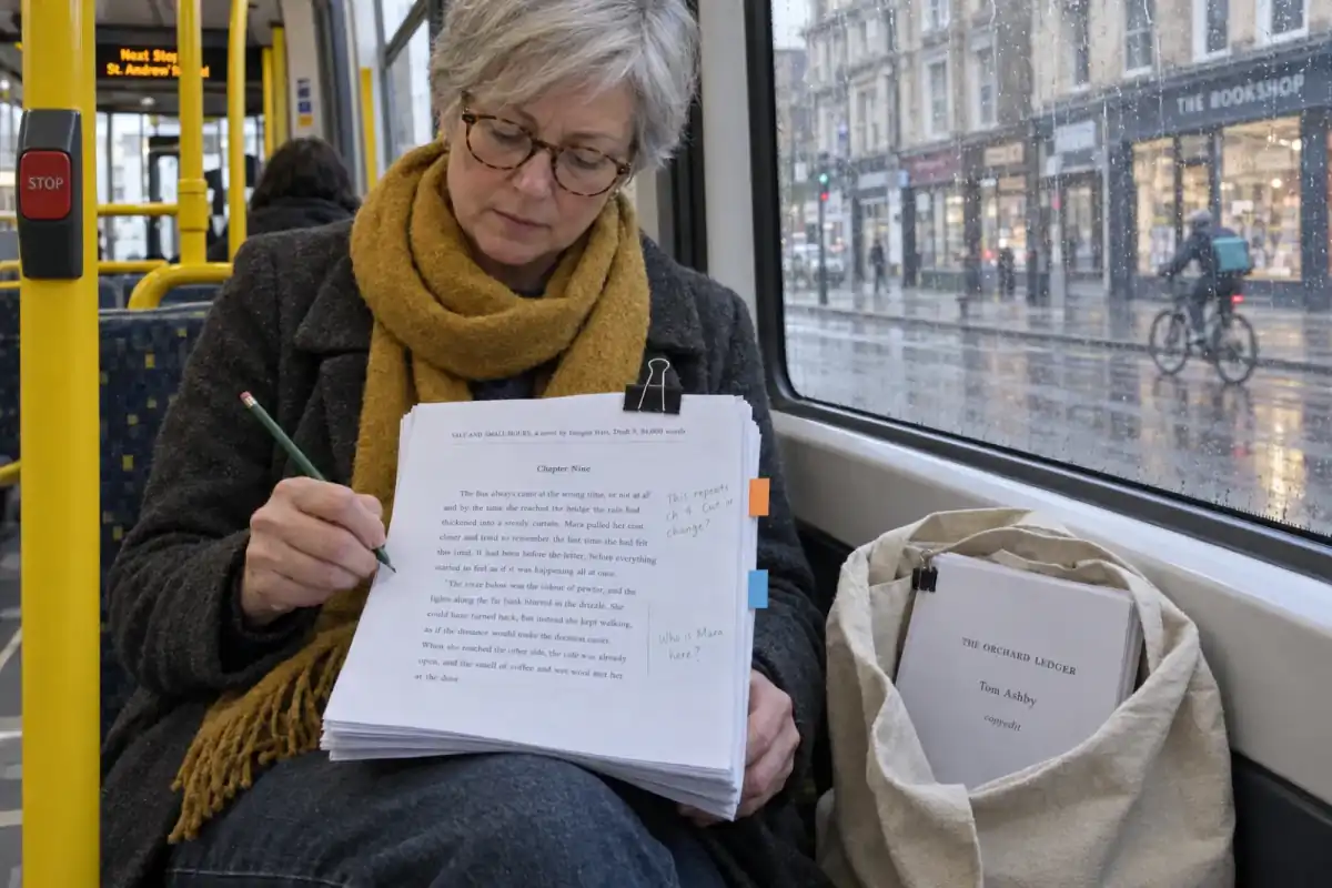 A freelance editor with silver hair and a mustard scarf marks a clipped manuscript of Salt and Small Hours by Imogen Hart on a rainy city bus, a margin note reading This repeats ch. 4. Cut or change?