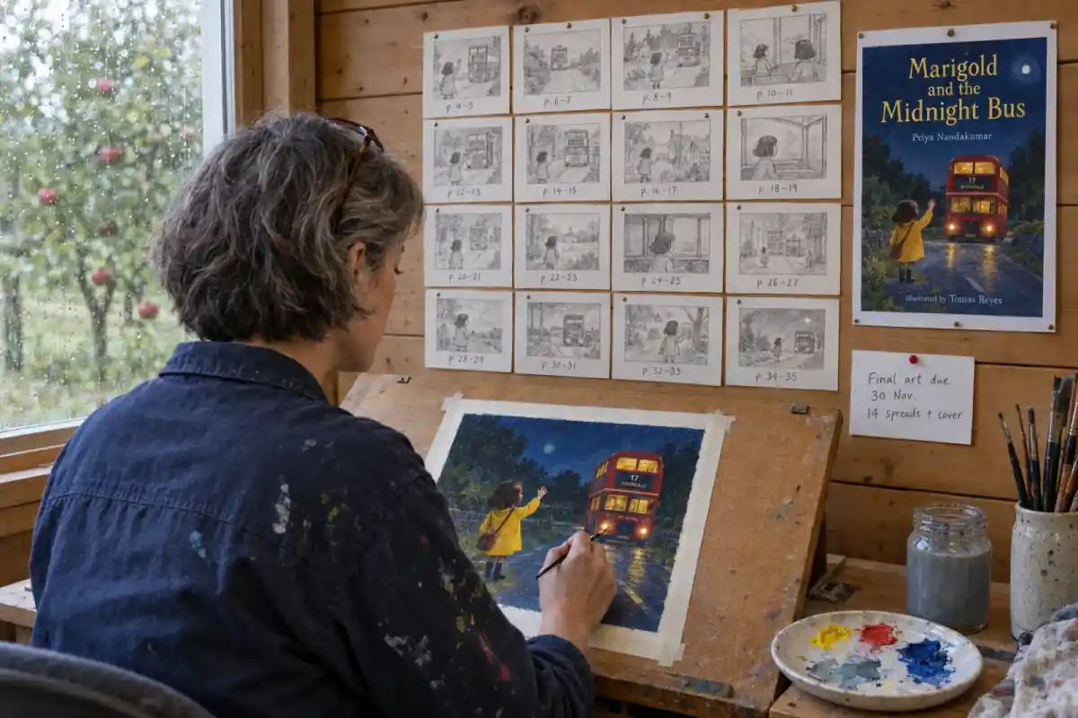 An illustrator paints a square gouache picture-book page of a girl waving at a red double-decker bus at night in a garden-shed studio, with sixteen pencil thumbnails pinned on the wall and a cover proof reading Marigold and the Midnight Bus by Priya Nandakumar