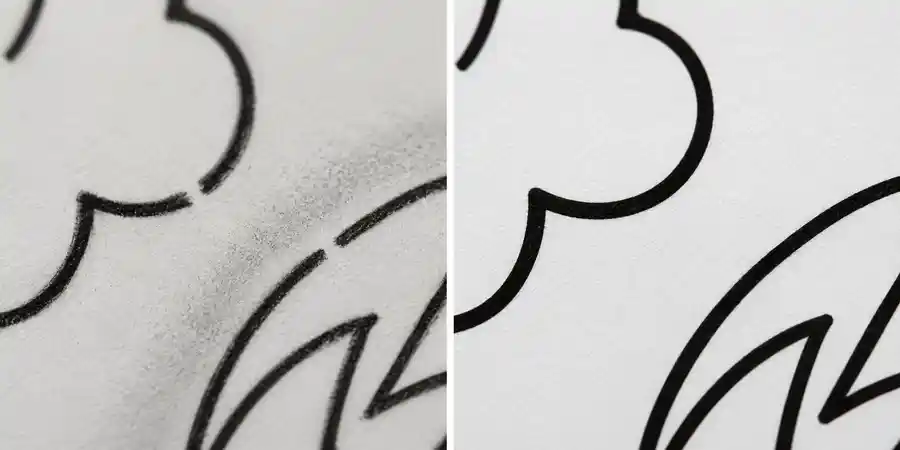 Close-up comparison of coloring page line work: an open shape with a gap and gray shading marked wrong, a fully closed clean outline marked right