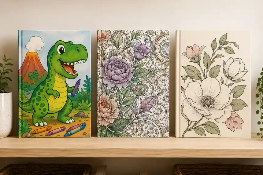 Three coloring books propped on a shelf representing the market rungs: a kids dinosaur book, an intricate adult botanical book, and a large-print seniors book