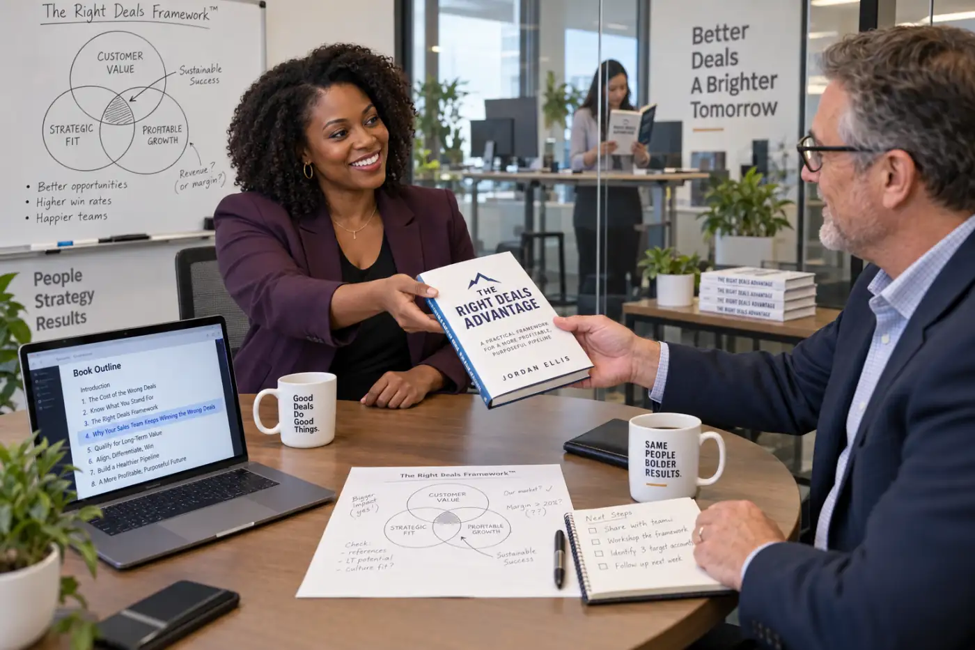 A consultant handing a hardcover business book across a meeting table to a client, with a printed one-page framework and a laptop showing a chapter outline beside it