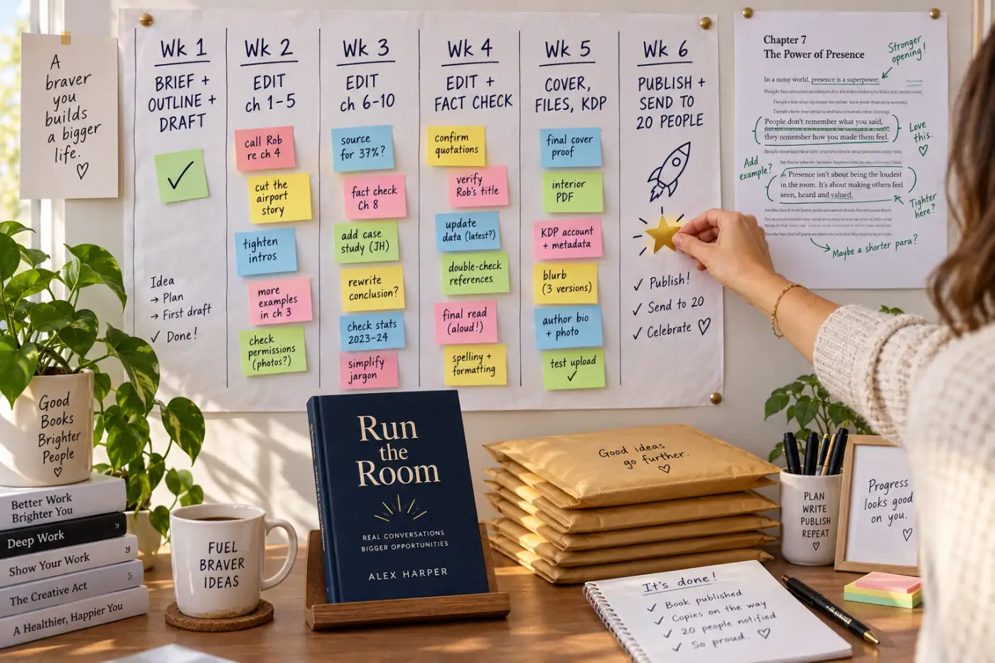 A six-week wall planner in a home office with each week labelled in marker, brief, outline and draft, edit, edit, cover and files, publish, sticky notes on the edit weeks, a printed chapter with green pen marks pinned beside it and a finished hardcover on the shelf below