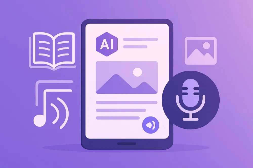 Multi-format ebook creation workflow showing text, visual, and audio outputs