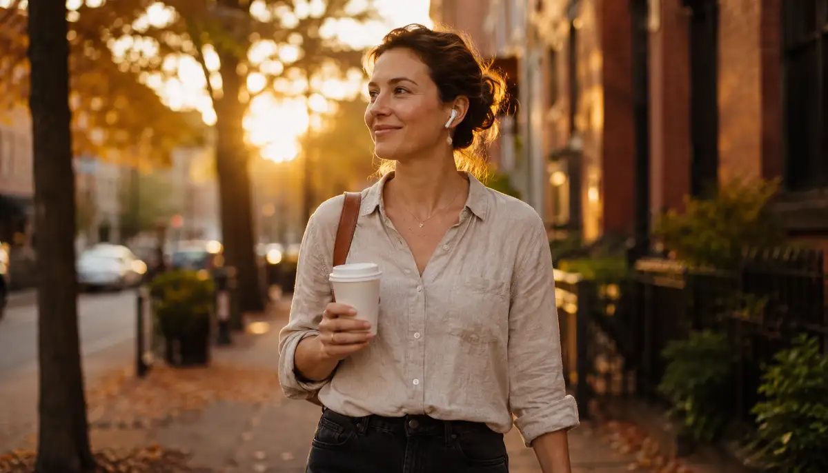 A woman in her 30s walks on a tree-lined city street at golden hour, wearing wireless earbuds, holding a takeaway coffee cup, smiling slightly as she listens to an audiobook.