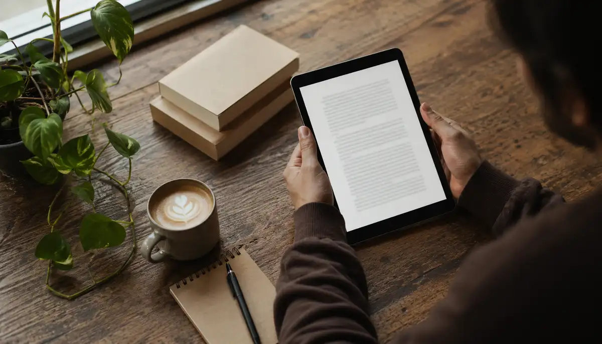 A person reads an ebook on a tablet at a wooden cafe table next to stacked paperbacks, a flat white coffee, a notebook and pen, and a trailing pothos plant in warm morning light.