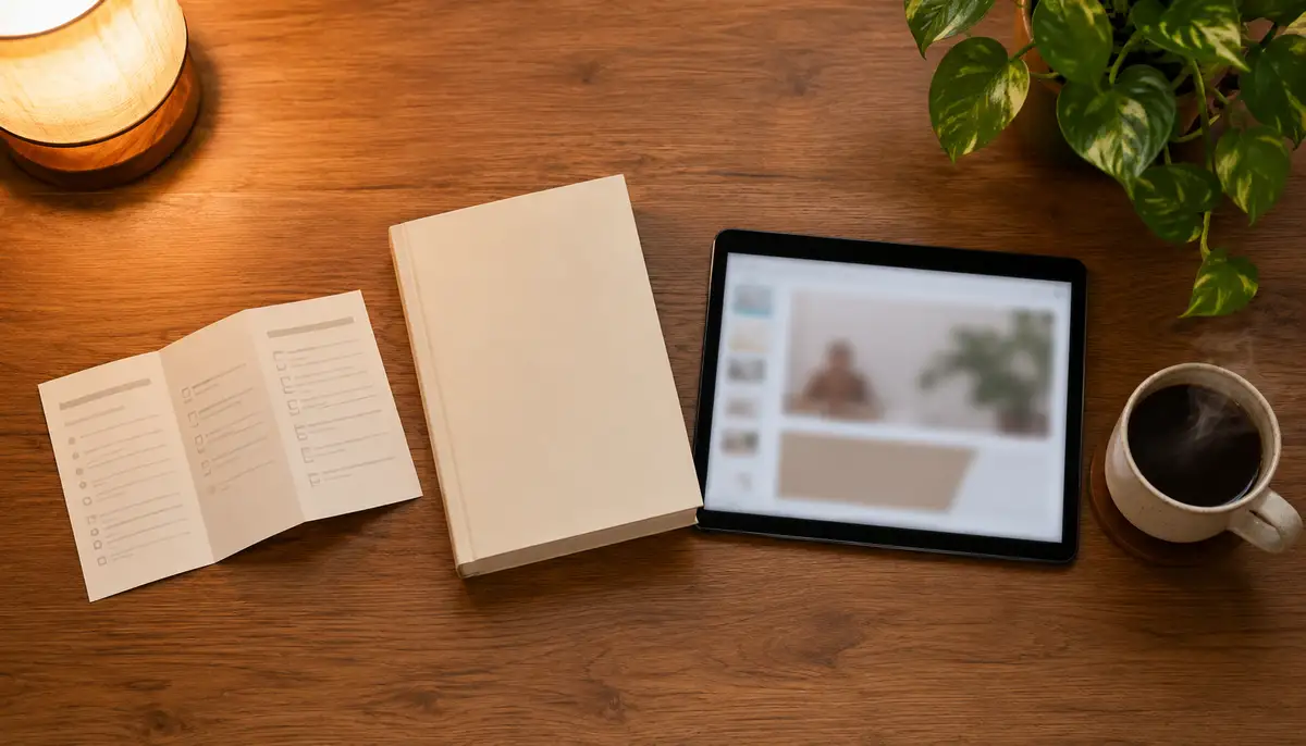 A flat-lay on a warm wooden desk showing a folded printable checklist, a closed paperback book, a tablet displaying a presentation slide, and a coffee cup with steam beside a pothos plant under soft lamplight.