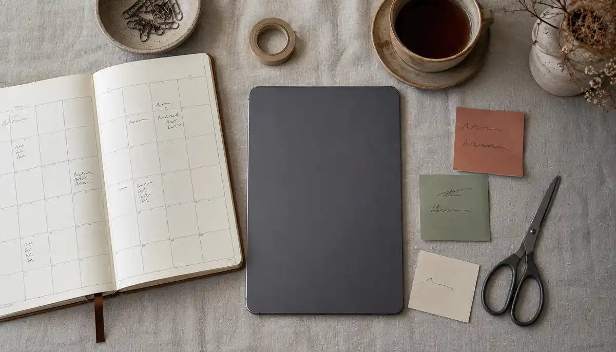 A flat-lay on a linen tablecloth showing an open paper planner, a closed iPad, terracotta and sage sticky notes, scissors, washi tape, paperclips in a small ceramic dish, and a cup of black tea.