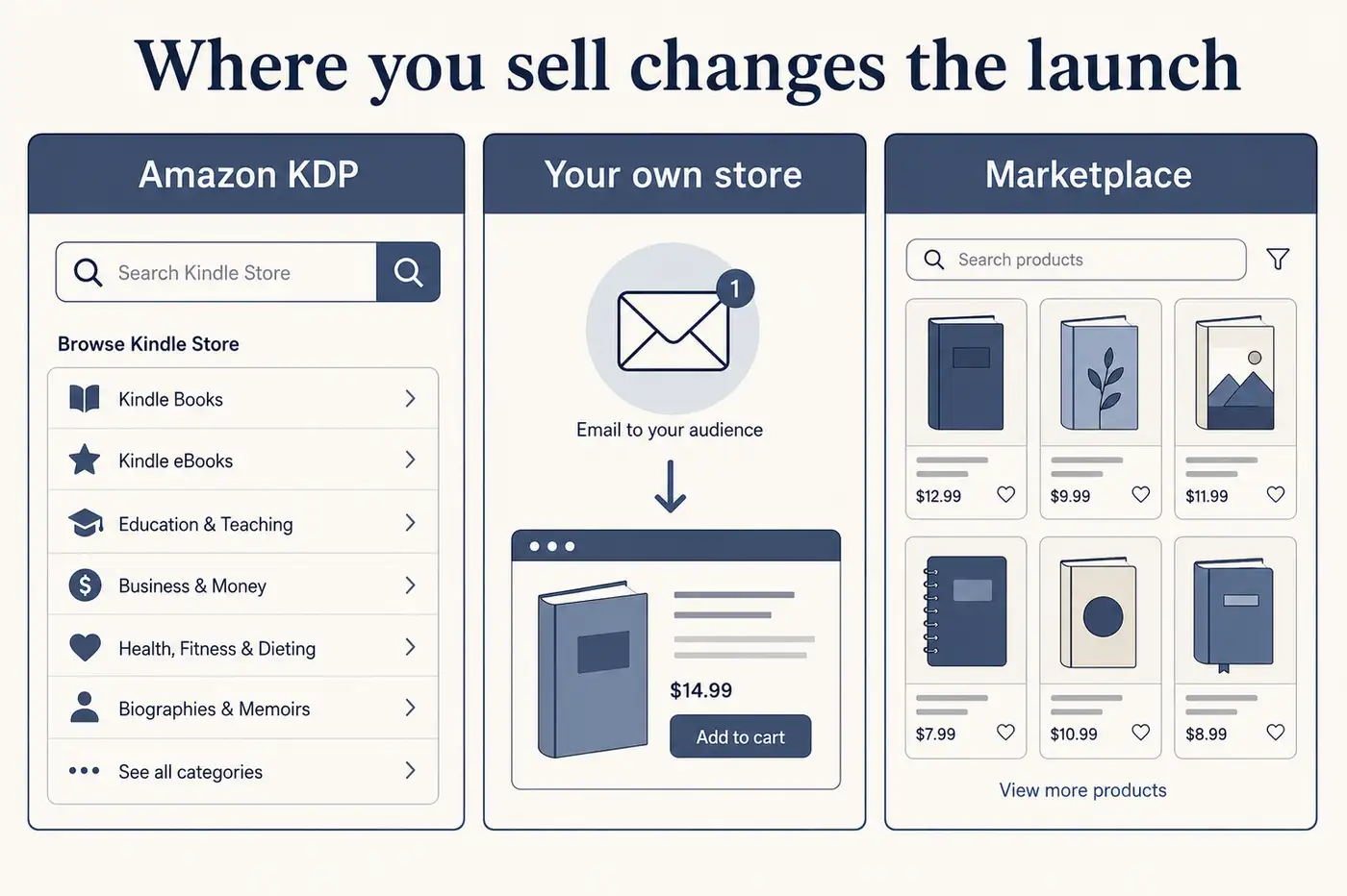 Comparison of how ebook launches differ across Amazon KDP, a direct store, and a marketplace, showing search-driven, audience-driven and browse-driven discovery