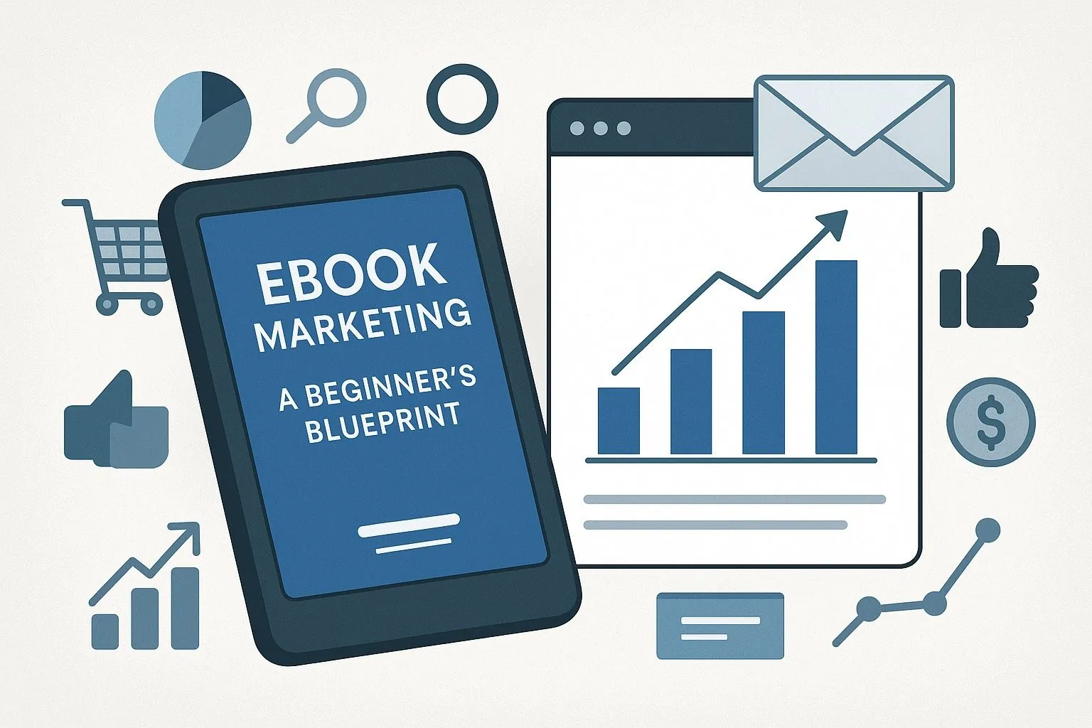 Ebook marketing strategy blueprint for beginners showing growth charts and conversion funnel